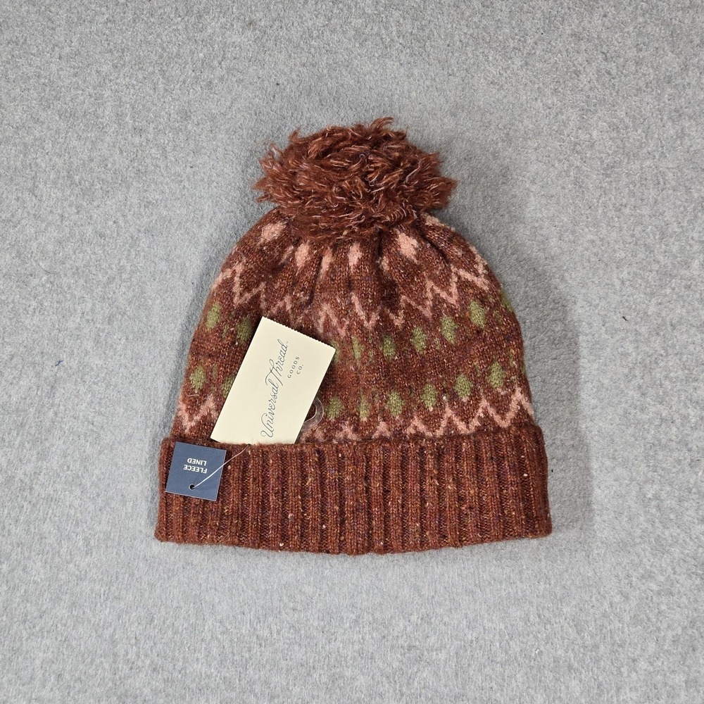 Universal Thread Women Beanie OS Brown Pom Fair isle Cuffed NWT